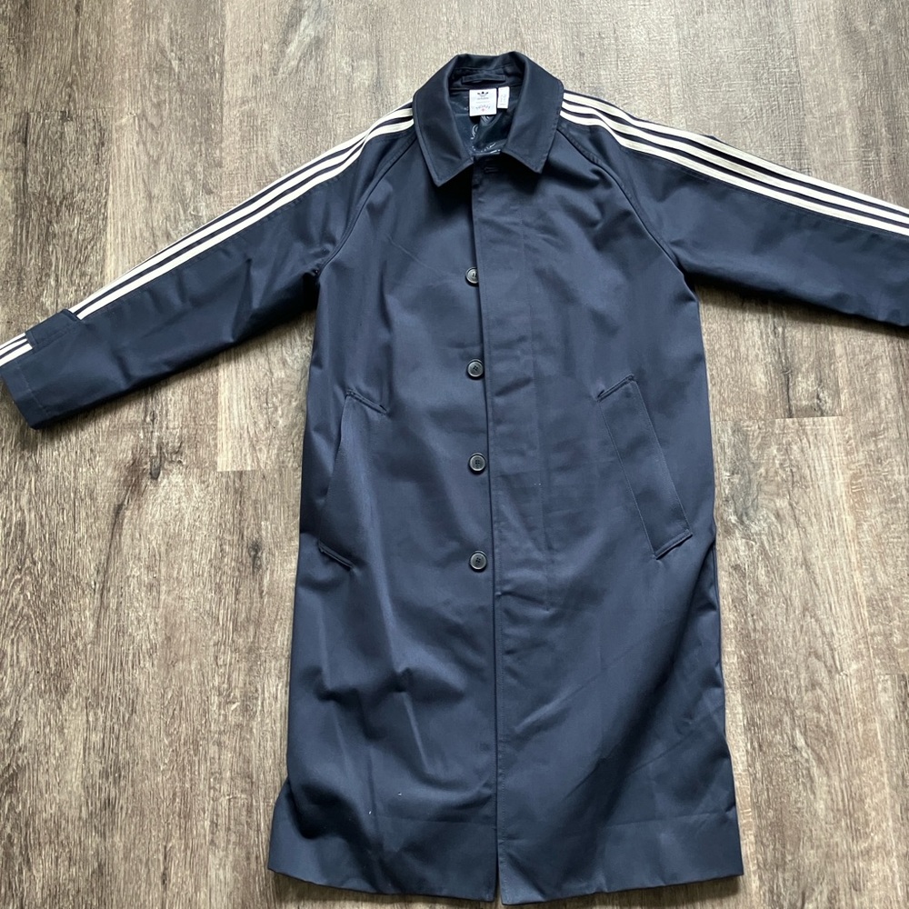 Adidas Noah Navy Trench Coat with White Stripes